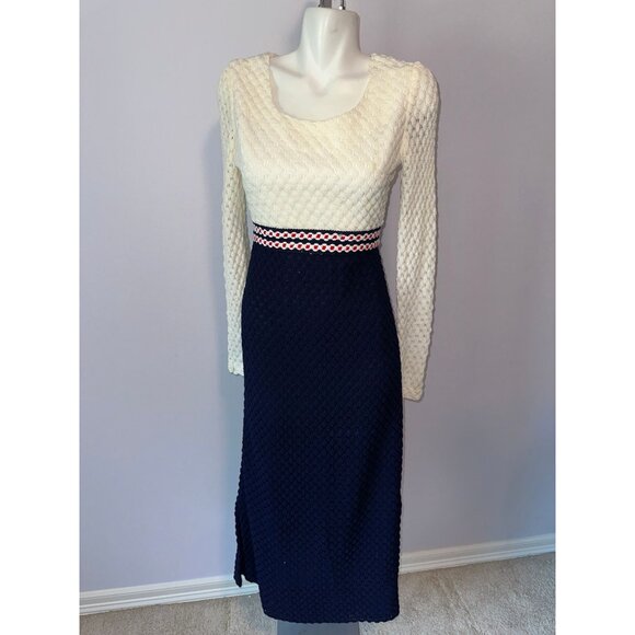 Vtg 70s Red White Blue Knit Crochet Style Maxi Mod Dress Long Sleeve Size Small - Picture 3 of 5